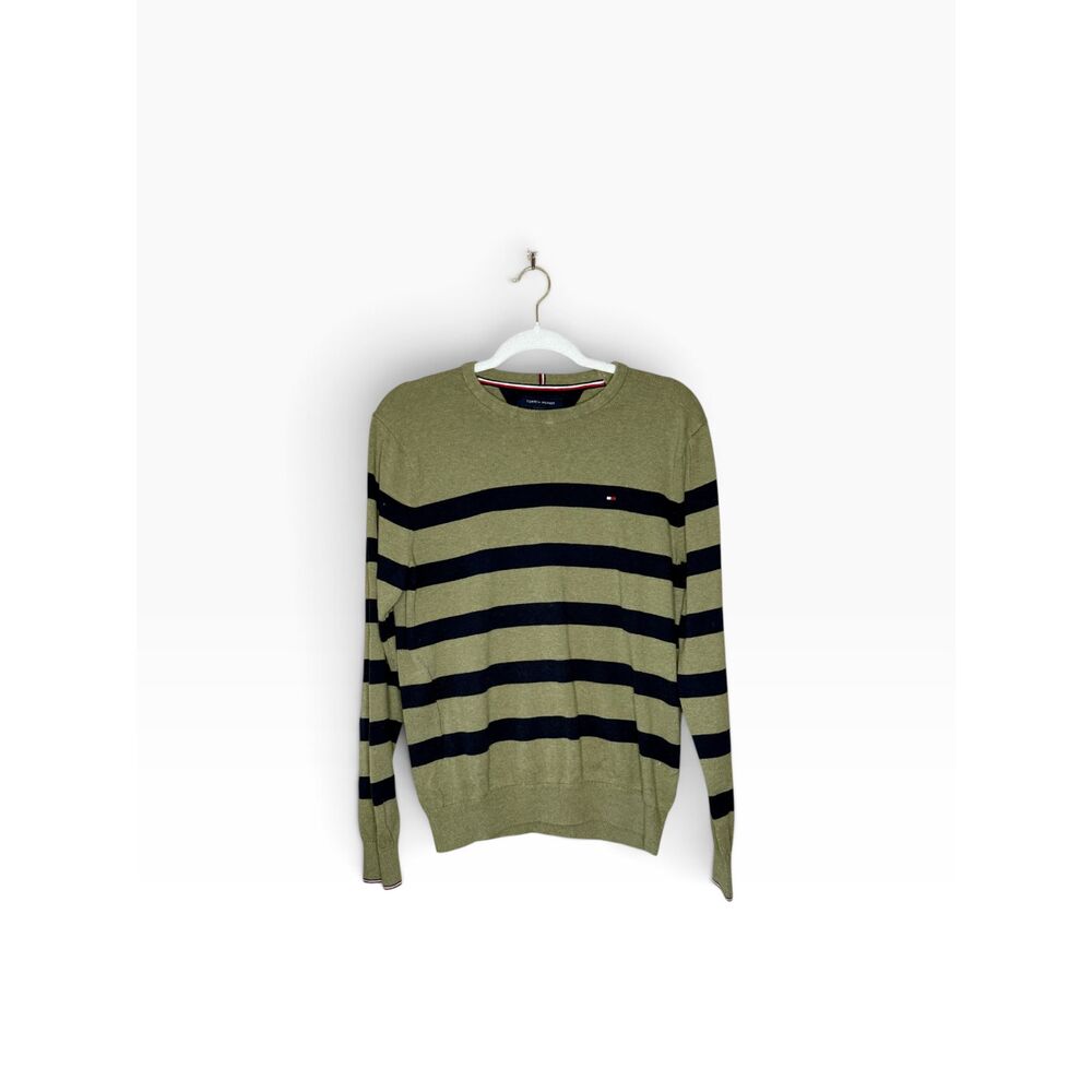 Tommy Hilfiger Men's Green Navy Striped Crewneck Cotton Sweater L 78J3769